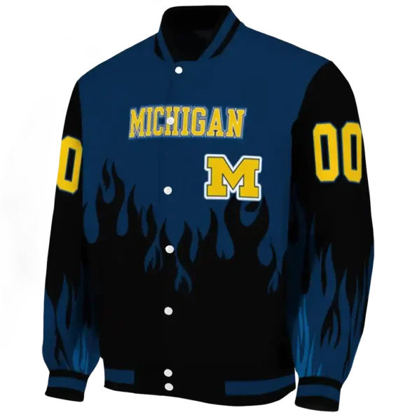customized michigan wolverines flame border blue black varsity jacket best selling