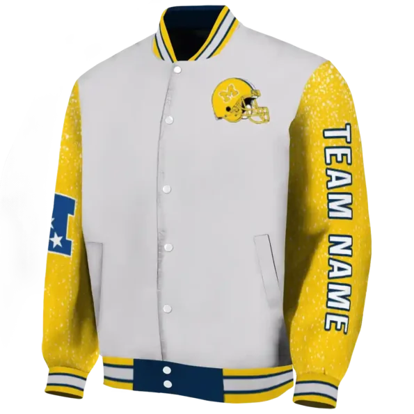 customized michigan wolverines speckled arms blue gray varsity jacket best selling