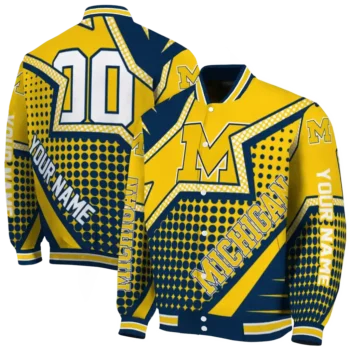 customized michigan wolverines star burst blue varsity jacket fashion forward.webp