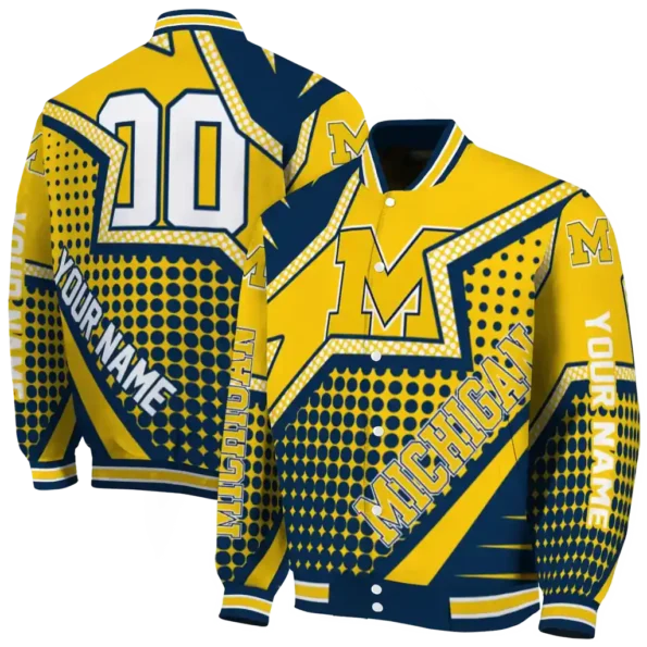 customized michigan wolverines star burst blue varsity jacket fashion forward.webp