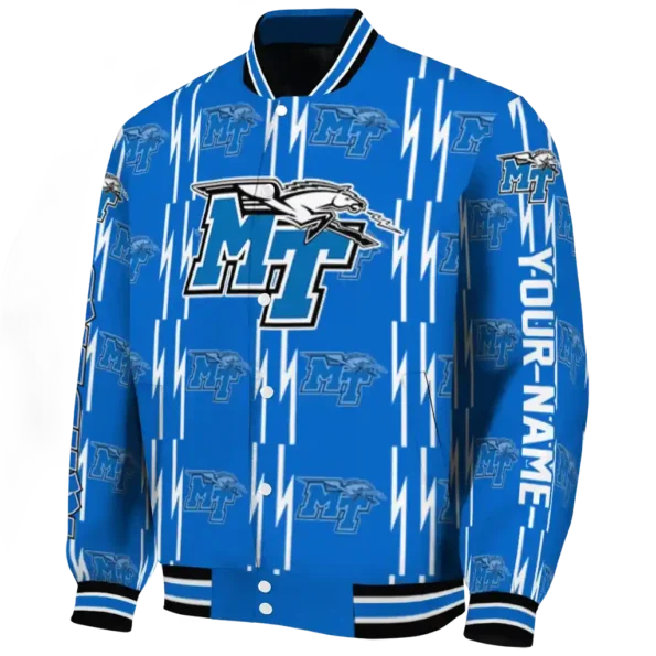 customized middle tennessee blue raiders bolt stripe blue varsity jacket best selling