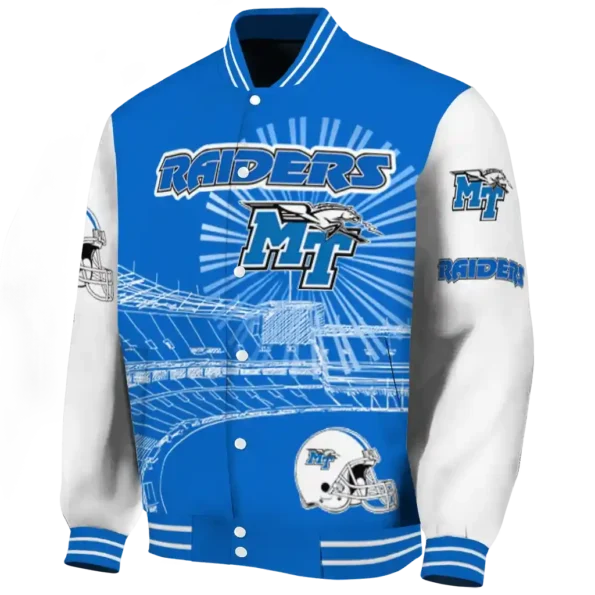 customized middle tennessee blue raiders ferris arena blue white varsity jacket best selling