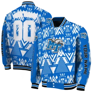 customized middle tennessee blue raiders pyramid shapes blue varsity jacket fashion forward.webp