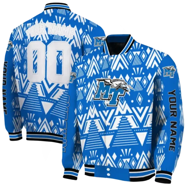 customized middle tennessee blue raiders pyramid shapes blue varsity jacket fashion forward.webp