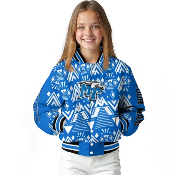 customized middle tennessee blue raiders pyramid shapes blue varsity jacket top rated.webp