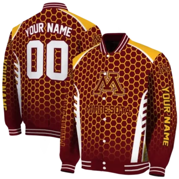 customized minnesota golden gophers hexagon grid maroon varsity jacket fashion forward.webp