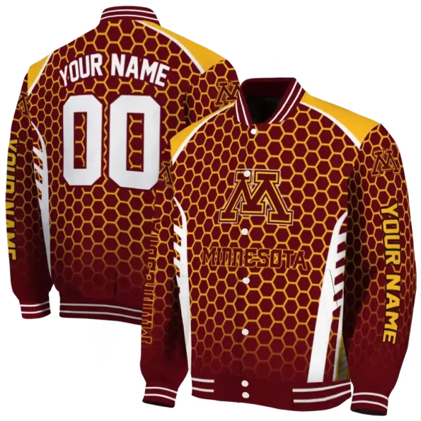 customized minnesota golden gophers hexagon grid maroon varsity jacket fashion forward.webp