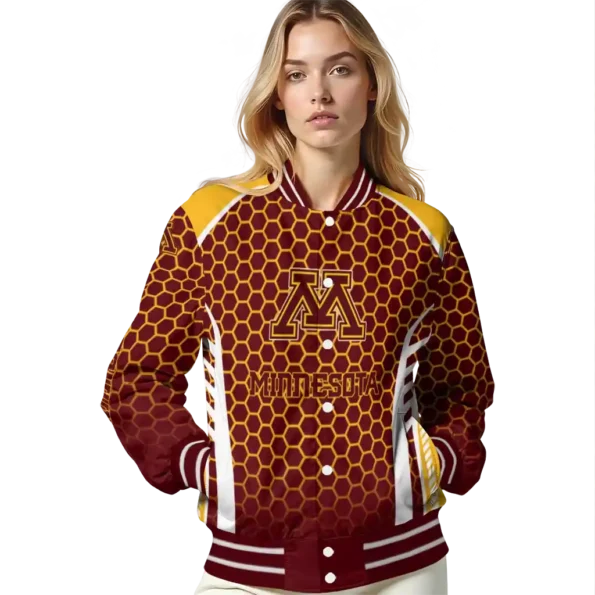 customized minnesota golden gophers hexagon grid maroon varsity jacket latest model.webp
