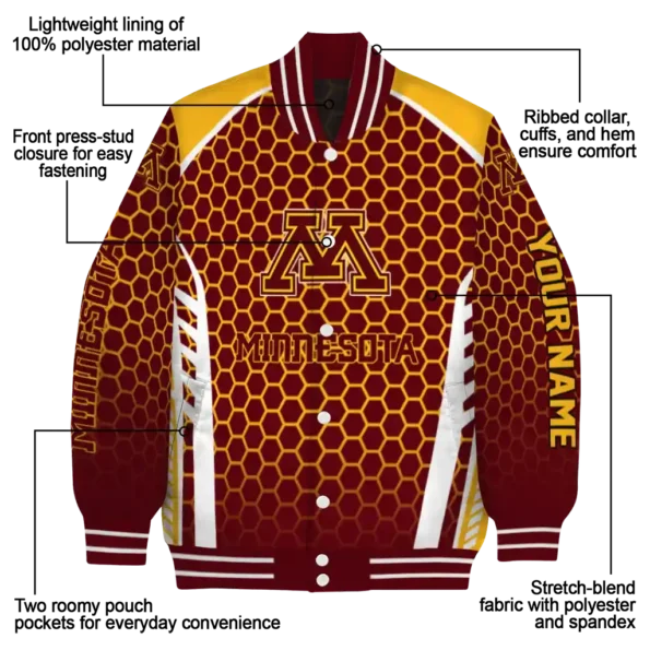 customized minnesota golden gophers hexagon grid maroon varsity jacket new arrival.webp