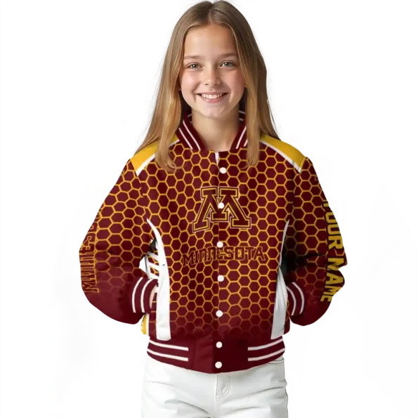 customized minnesota golden gophers hexagon grid maroon varsity jacket top rated.webp