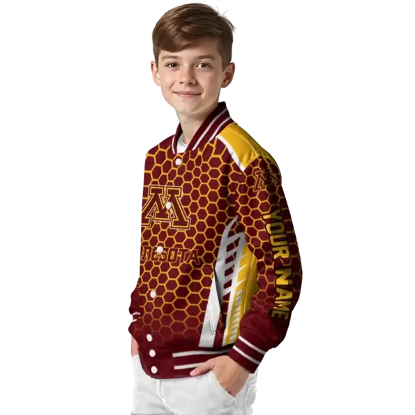 customized minnesota golden gophers hexagon grid maroon varsity jacket trendy.webp