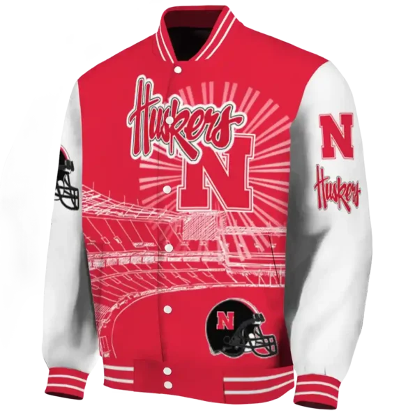 customized nebraska cornhuskers ferris arena red white varsity jacket best selling