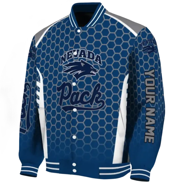 customized nevada wolf pack hexagon grid blue varsity jacket best selling