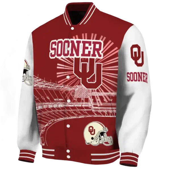 customized oklahoma sooners ferris arena crimson white varsity jacket best selling