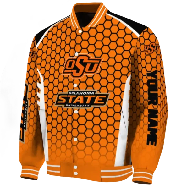 customized oklahoma state cowboys hexagon grid orange varsity jacket best selling
