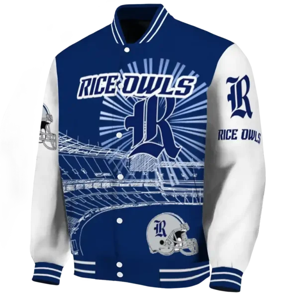 customized rice owls ferris arena navy blue white varsity jacket best selling