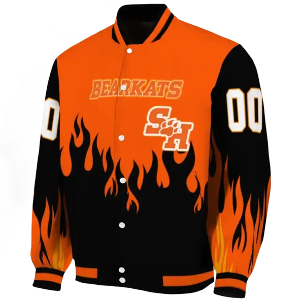 customized sam houston bearkats flame border orange black varsity jacket best selling