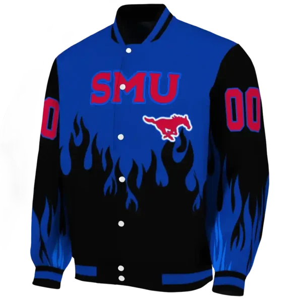 customized smu mustangs flame border blue black varsity jacket best selling