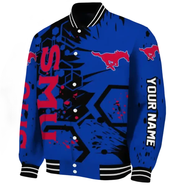 customized smu mustangs hexagon cluster blue black varsity jacket best selling
