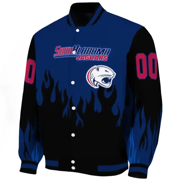 customized south alabama jaguars flame border blue black varsity jacket best selling