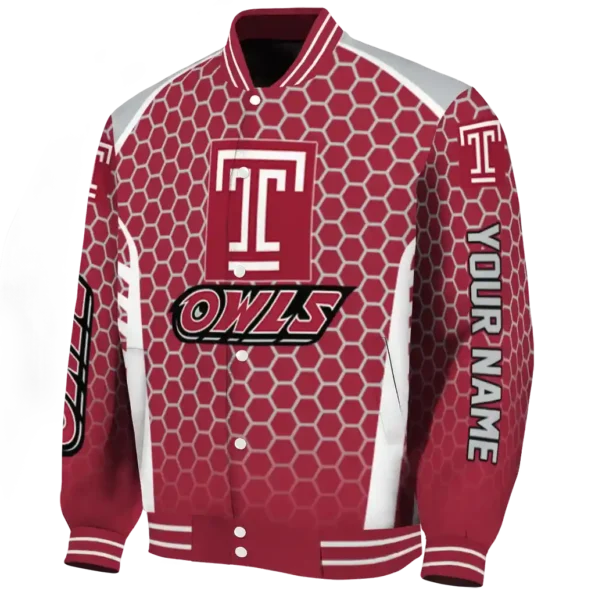 customized temple owls hexagon grid red varsity jacket best selling