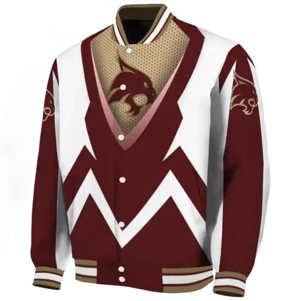 customized texas state bobcats v stripes maroon white varsity jacket best selling