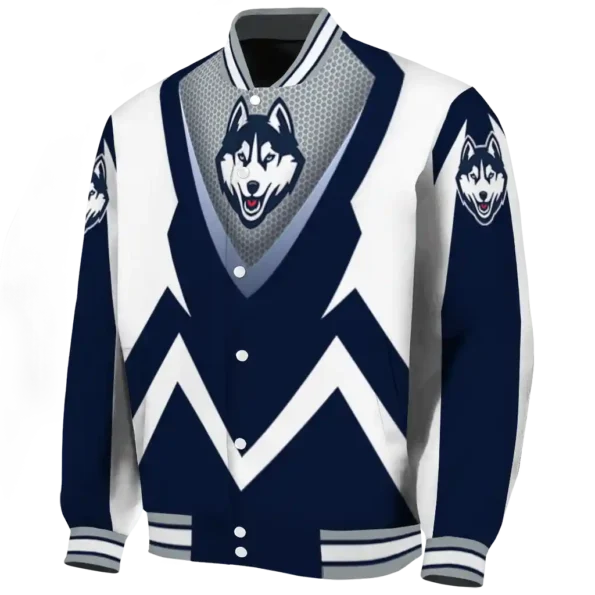customized uconn huskies v stripes blue white varsity jacket best selling