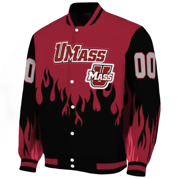 customized umass minutemen flame border red black varsity jacket best selling