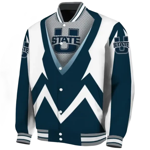 customized utah state aggies v stripes navy white varsity jacket best selling