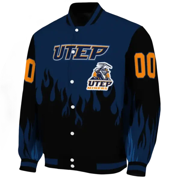 customized utep miners flame border blue black varsity jacket best selling