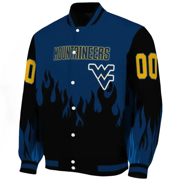 customized west virginia mountaineers flame border blue black varsity jacket best selling