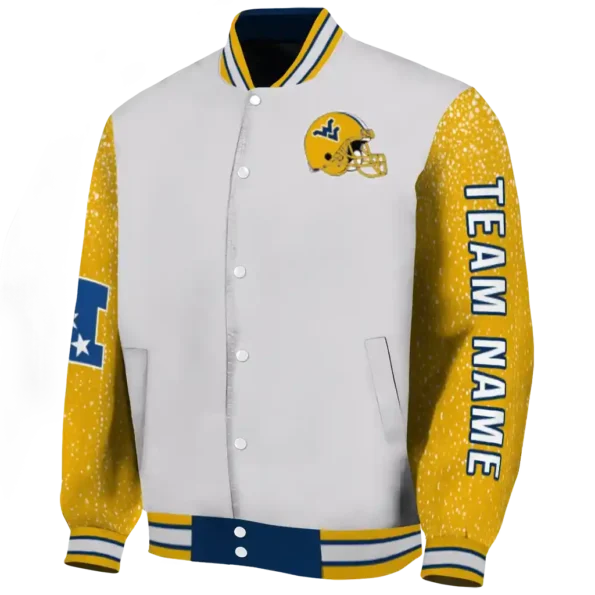 customized west virginia mountaineers speckled arms blue gray varsity jacket best selling