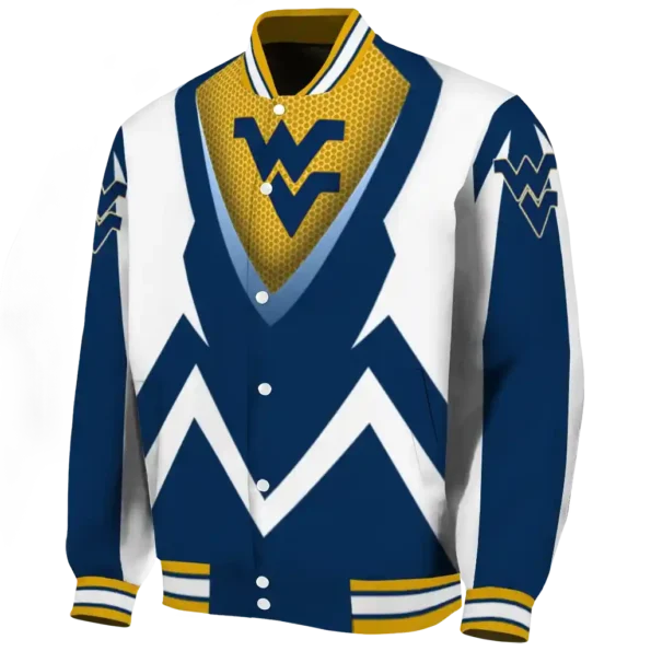 customized west virginia mountaineers v stripes blue white varsity jacket best selling