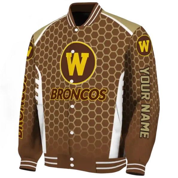 customized western michigan broncos hexagon grid brown varsity jacket best selling