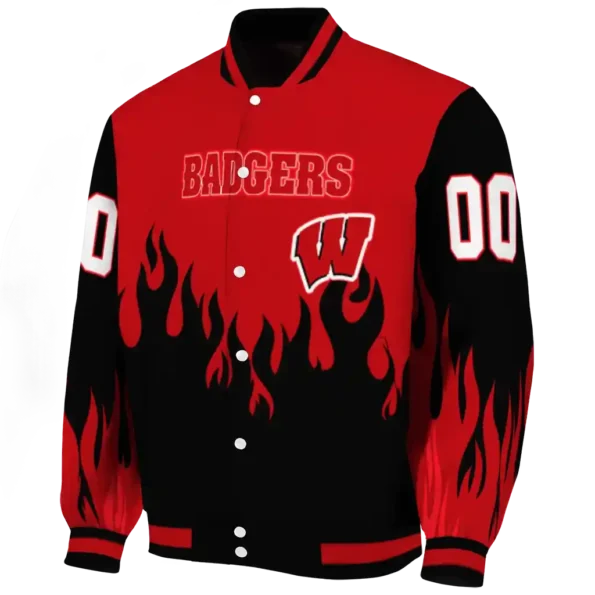 customized wisconsin badgers flame border red black varsity jacket best selling
