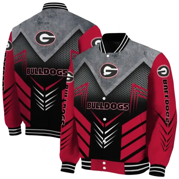georgia bulldogs arrow layer red black varsity jacket fashion forward.webp