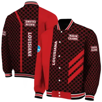 louisiana ragin cajuns triple side stripes red black varsity jacket fashion forward.webp