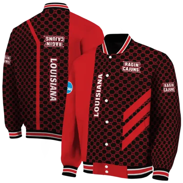 louisiana ragin cajuns triple side stripes red black varsity jacket fashion forward.webp