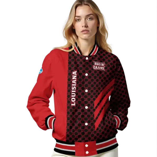 louisiana ragin cajuns triple side stripes red black varsity jacket latest model.webp