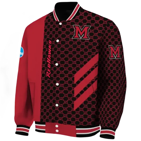 miami redhawks triple side stripes red black varsity jacket best selling