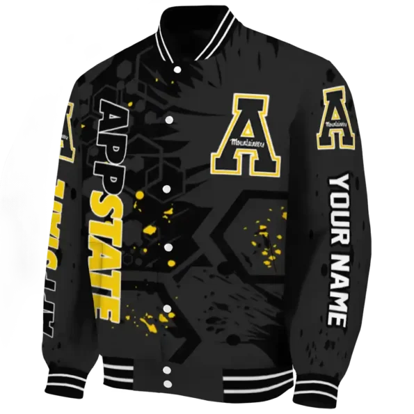 personalized appalachian state mountaineers hexagon cluster black varsity jacket best selling