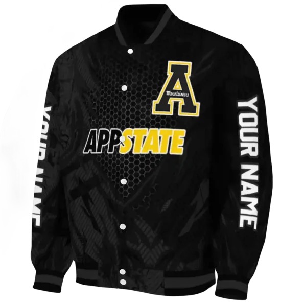 personalized appalachian state mountaineers hexagon mesh black varsity jacket best selling