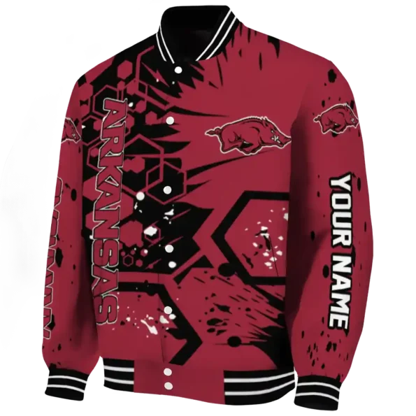 personalized arkansas razorbacks hexagon cluster red black varsity jacket best selling