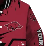 personalized-arkansas-razorbacks-hexagon-cluster-red-black-varsity-jacket-best-selling.webp