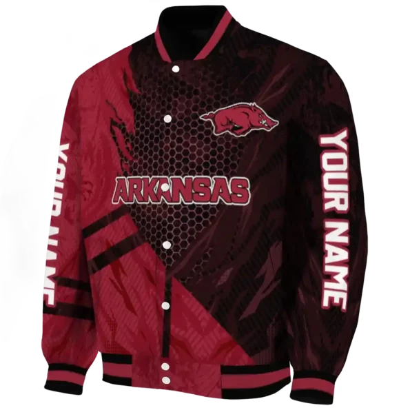 personalized arkansas razorbacks hexagon mesh red black varsity jacket best selling