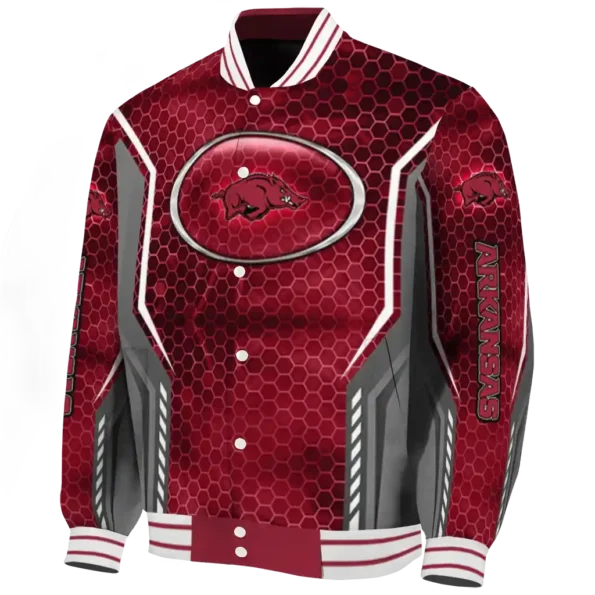 personalized arkansas razorbacks power plate red varsity jacket best selling