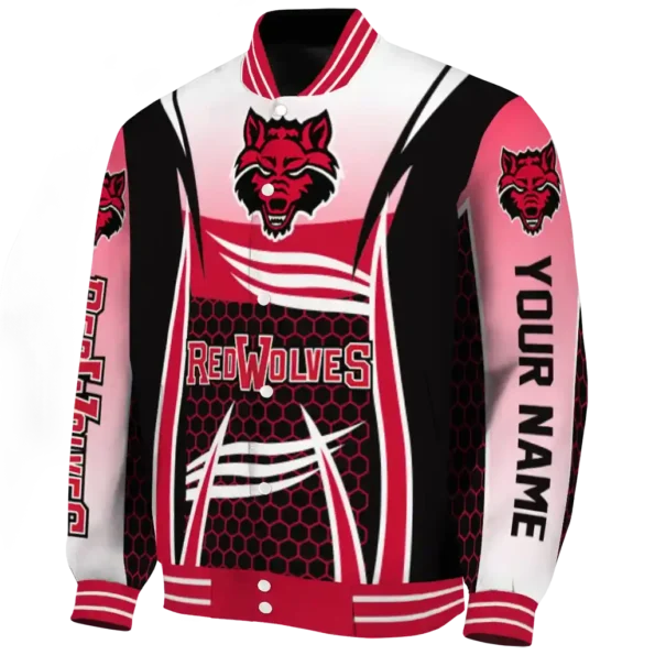 personalized arkansas state red wolves mesh effect scarlet black varsity jacket best selling