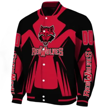 personalized arkansas state red wolves spider mark scarlet black varsity jacket best selling.webp