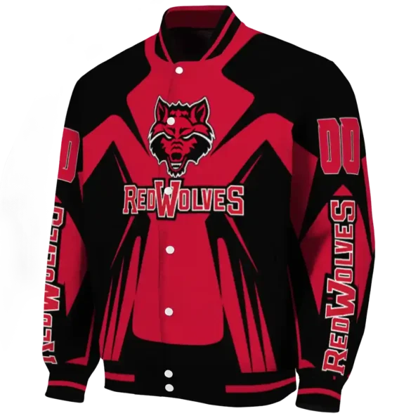 personalized arkansas state red wolves spider mark scarlet black varsity jacket best selling.webp