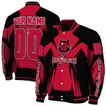 personalized arkansas state red wolves spider mark scarlet black varsity jacket fashion forward.webp